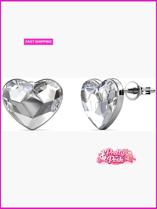Jewelry - 18k White Gold-Plated Heart Stud Earrings with Simulated Diamond Crystals